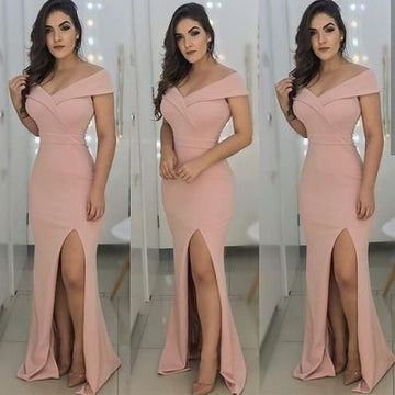 Off-Shoulder Satin Mermaid Long prom Dresses with Front Slit HZ1023